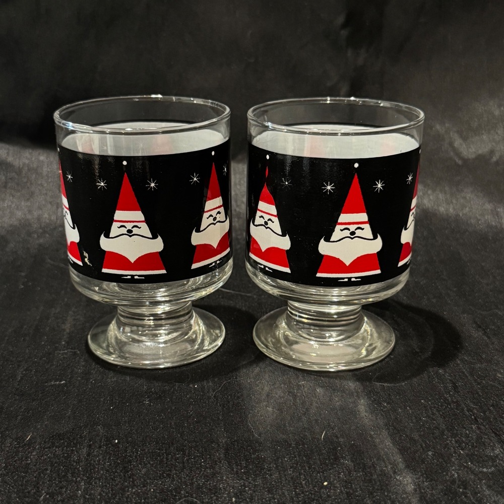 Vintage Libbey & Holt Howard Atomic Santa Footed Christmas Glasses Pair of 2